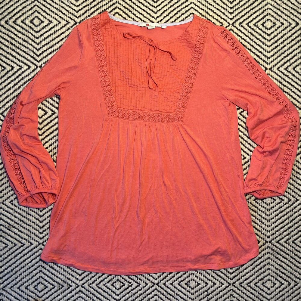 Boden Pink coral Crochet Boho Peasant Top Size 4 Modal embroidered